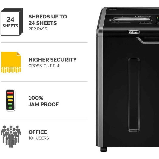 Fellowes Powershred 325ci Cross-Cut Shredder, 83L Bin Capacity, 4x38mm Cross-Cut, P-4 Security Level, Shreds Up to 24-Sheets, SiltenShred & Patented SafeSense Technology, Black