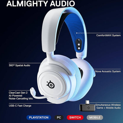 SteelSeries Arctis Nova 7P Wireless Multi-System Gaming & Mobile Headset, Nova Acoustic System, 2.4GHz & Simultaneous Bluetooth, 38Hr Battery, ClearCast Gen2 Mic, PlayStation, PC, White | 61561