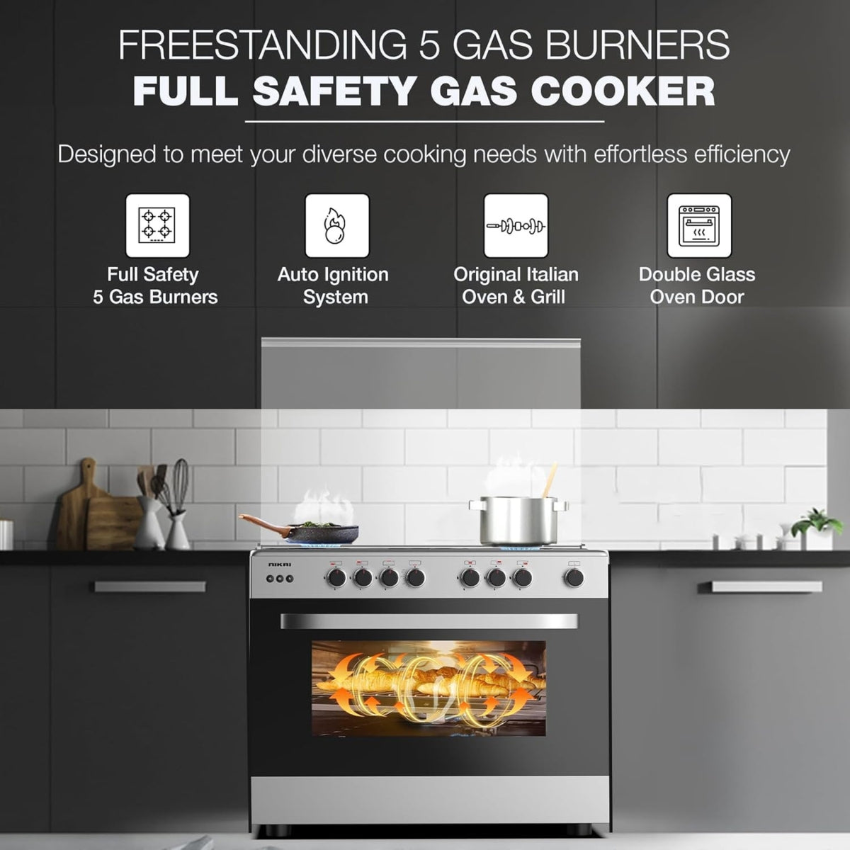 Nikai Free Standing Gas Cooker, Original Italian 5 Cup Burner, Full Auto Ignition, Original Italian Grill Burners, Double Glass Oven Door, Top And Glass Lid, Silver | U6090EG