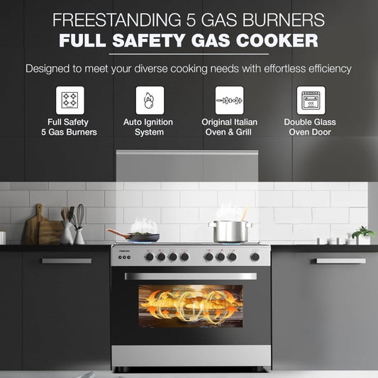 Nikai Free Standing Gas Cooker, Original Italian 5 Cup Burner, Full Auto Ignition, Original Italian Grill Burners, Double Glass Oven Door, Top And Glass Lid, Silver | U6090EG