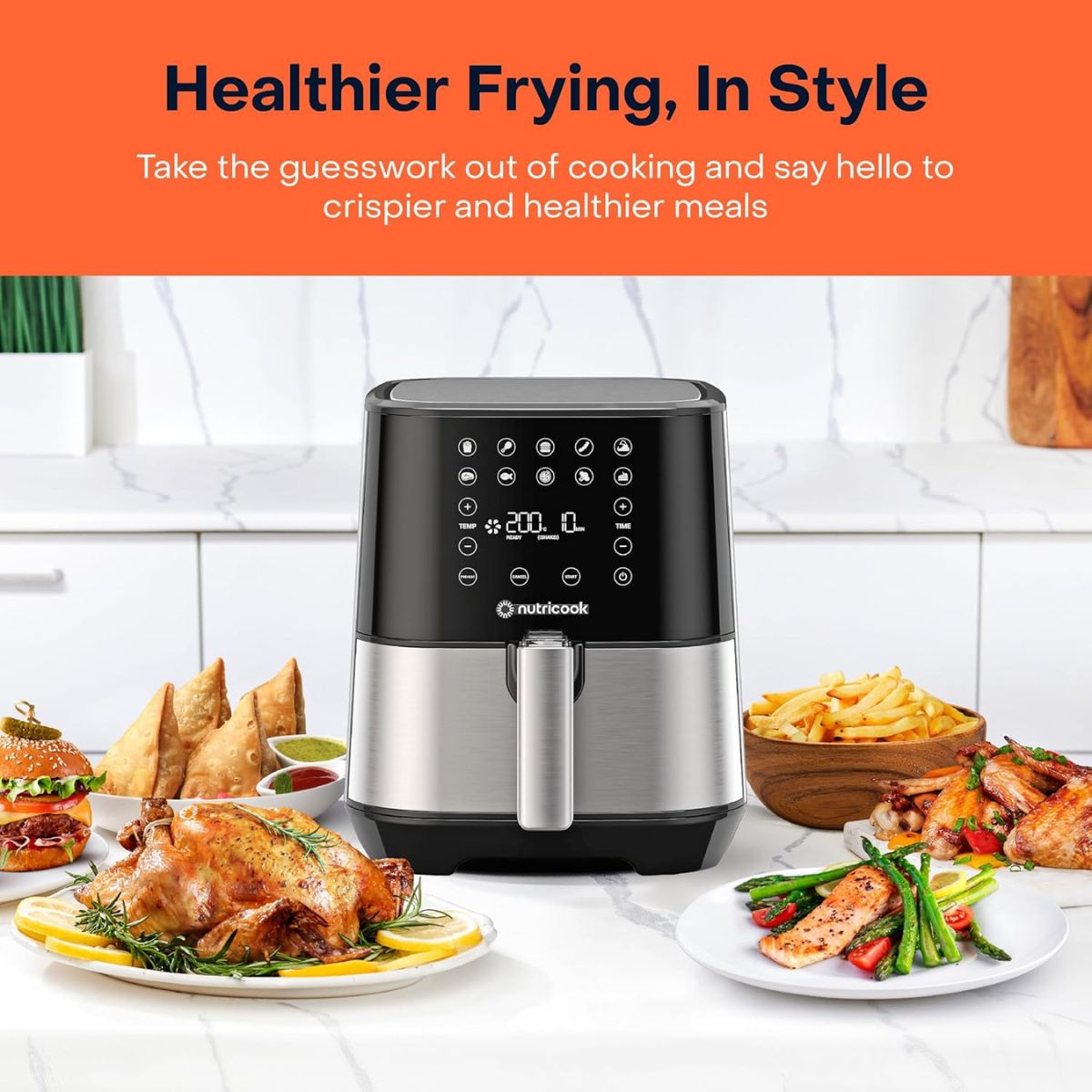 Nutricook Air Fryer 2, 1500 Watts, Digital Control Panel Display, 10 Preset Programs With Built-In Preheat Function, 3.6 Liters, BrUSh Stainless Steel/Black