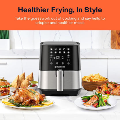 Nutricook Air Fryer 2, 1500 Watts, Digital Control Panel Display, 10 Preset Programs With Built-In Preheat Function, 3.6 Liters, BrUSh Stainless Steel/Black
