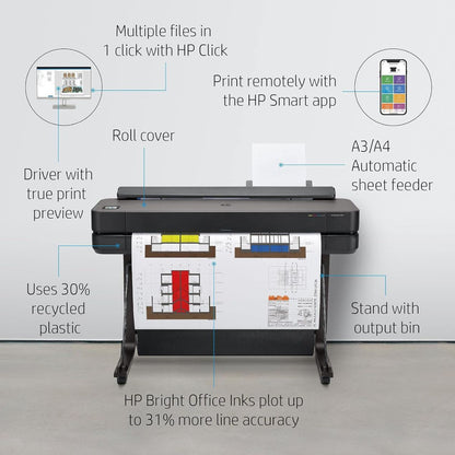 HP DesignJet T630 24" Large Format Plotter, 22 x 34" Print Speed 30 Seconds, 2400 x 1200 dpi, USB 2.0, RJ45, Ethernet & Wi-Fi Thermal Inkjet Printer | 5HB09A