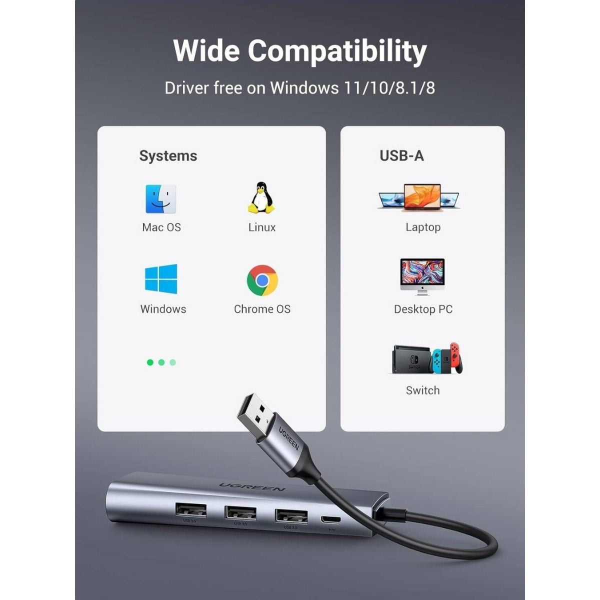 UGREEN 60812 5-in-1 USB 3.0 Hub | 3x USB-A 3.0 + Micro USB + Gigabit Ethernet | 5Gbps | 20cm Cable | Gray