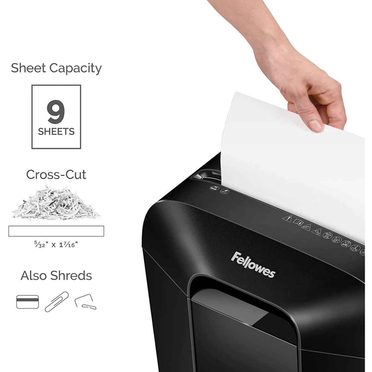 Fellowes Light Duty Cross Cut Shredder, Patented Safety Lock, Shreds 9 Sheets Per Pass, 4.4 Gallon Bin, Medium Use, Quiet Operation, Can Shred Staples / Credit Cards / Paper Clips, Black | LX50