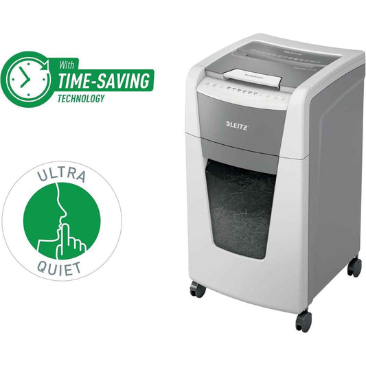 Leitz IQ Autofeed Office Particle Cut Shredder P4, 300 Sheets, 60L Waste Bin, White, 80150000
