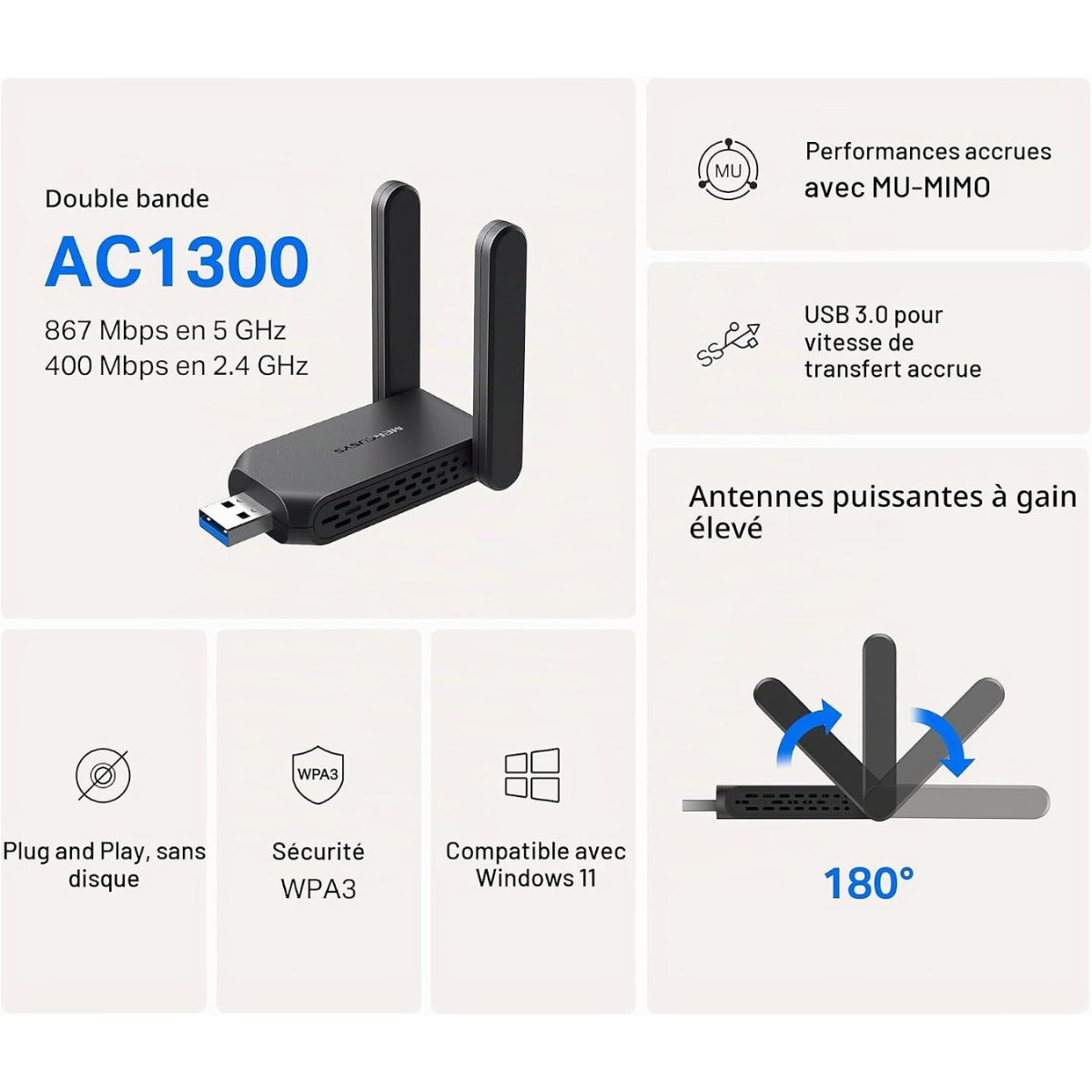 MERCUSYS MA32H AC1300 Dual-Band USB Wi-Fi Adapter | 867 Mbps 5 GHz + 400 Mbps 2.4 GHz | 2 High-Gain Antennas | USB 3.0 | WPA3