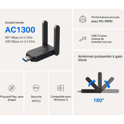MERCUSYS MA32H AC1300 Dual-Band USB Wi-Fi Adapter | 867 Mbps 5 GHz + 400 Mbps 2.4 GHz | 2 High-Gain Antennas | USB 3.0 | WPA3