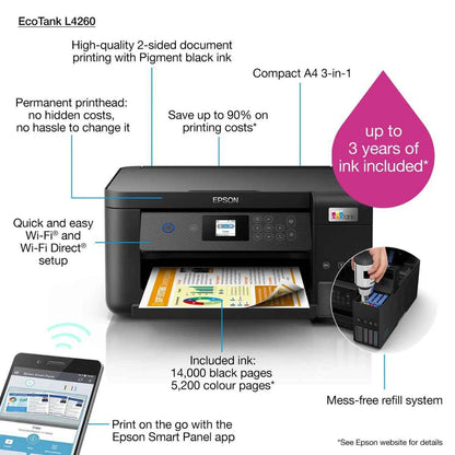 Epson EcoTank L4260 Wi-Fi Duplex AIO Ink Tank Printer, Borderles Printing Up to A4 Size, Auto Duplex, 5760x1440 dpi Resolution, 10.5ipm/5.0ipm Print Speed, Spill-Free Ink Refilling, Black | C11CJ63415