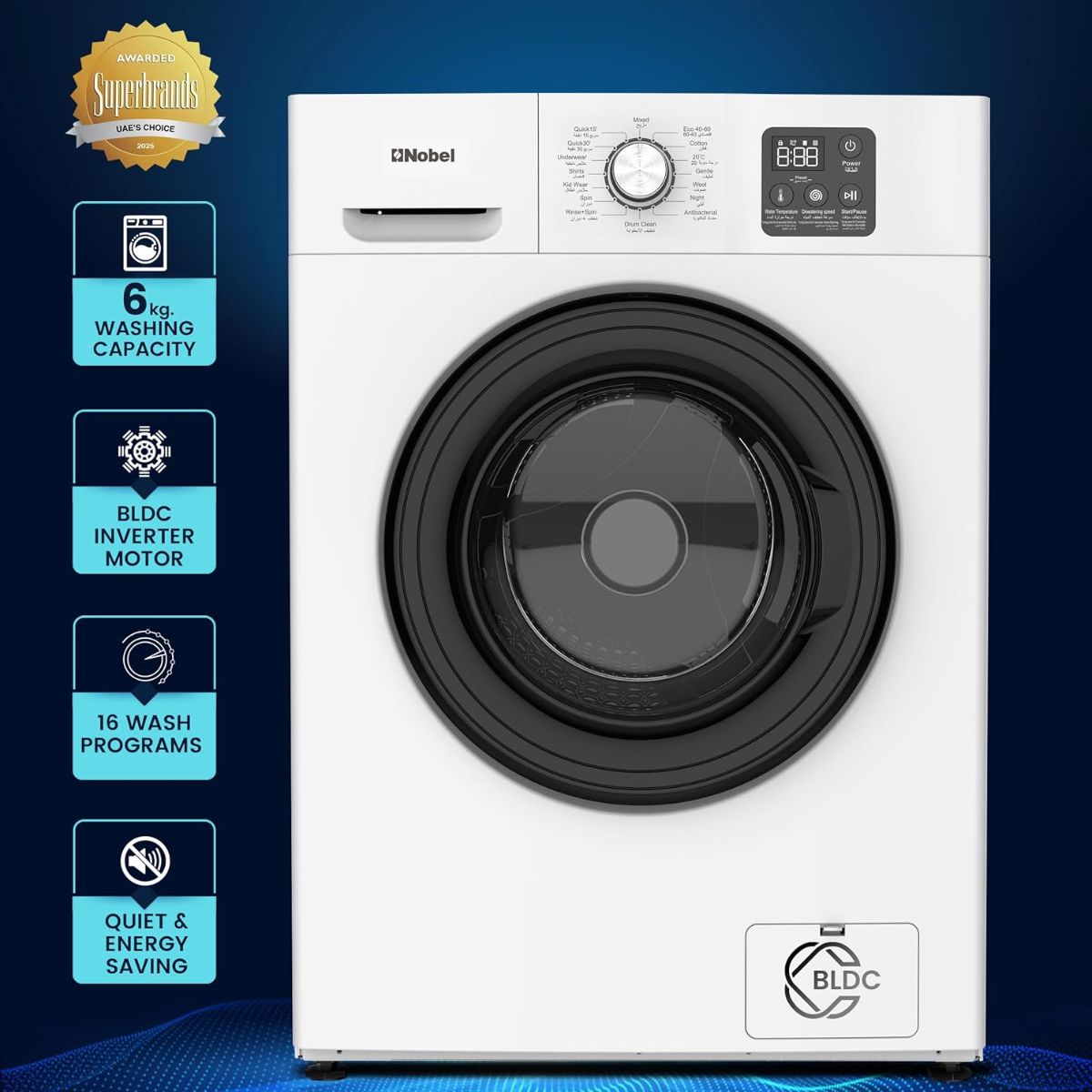 Nobel NWM775 6 Kg Inverter Front Load Fully Automatic Washing Machine – 16 Wash Programs, Child Lock, High-Temp Sterilization, Delay Start, LED Display