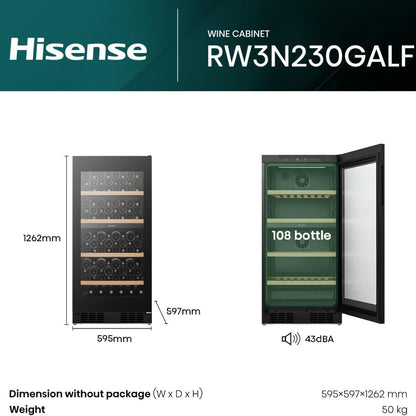 Hisense RW3N230GALF Wine Cooler, 108 Bottle Capacity, Dual Temperature Zone, Low Noise Operation, Reversible Door, Black