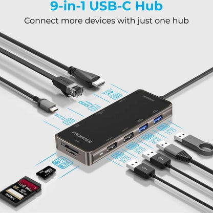 Promate PrimeHub-Go 9-in-1 USB-C Hub | 100W Power Delivery | Compact Multiport Adapter