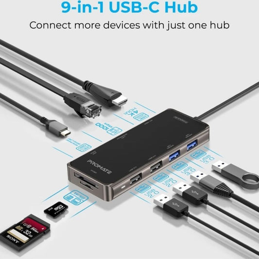 Promate PrimeHub-Go 9-in-1 USB-C Hub | 100W Power Delivery | Compact Multiport Adapter