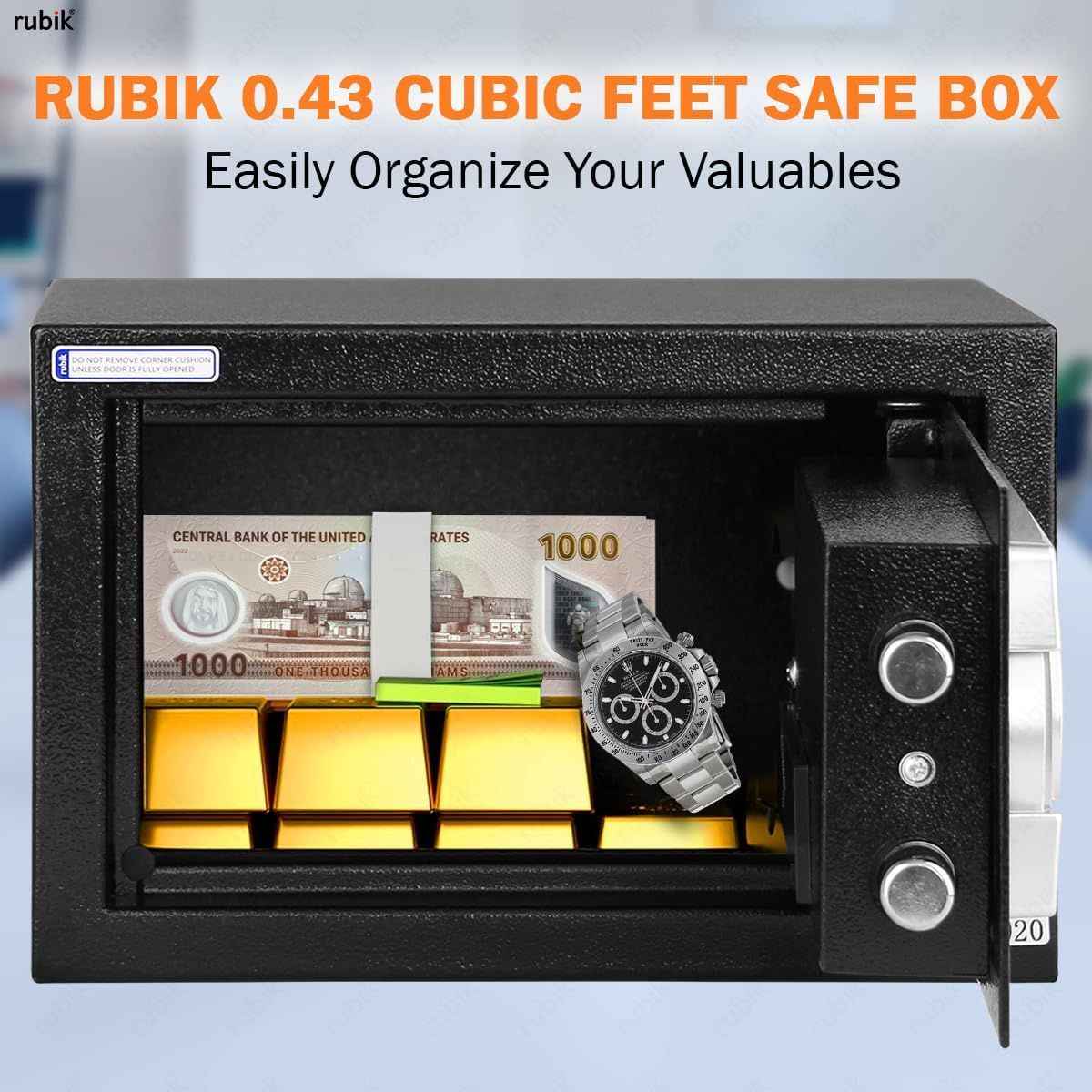 Rubik Small Safe Box with Digital Keypad & Key Lock – 20x31x20cm, Black, White