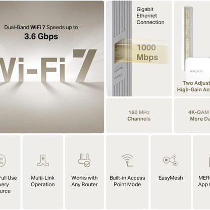 MERCUSYS ME25BE BE3600 Wi-Fi 7 Range Extender | Dual-Band 3.6 Gbps | EasyMesh | Gigabit Ethernet | Access Point Mode