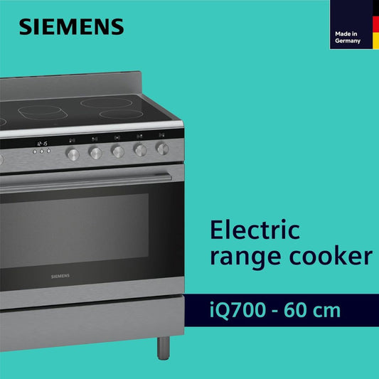 Siemens HK9K9V850M iQ700 Free-Standing Electric Range Cooker, 112L Usable Volume, 5 Ceramic Cooking Zones, Integrated Cooling Fan, Residual Heat Indicators, Stainless Steel