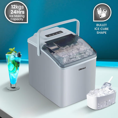 Nobel Ice Cube Maker 10-12kgs/24 Hrs Ice Making Capacity with 9pcs Ice in 8 Minutes Per Cycle|1.3 L Water Container Capacity with LED Indicator 150 W NIM13S Silver