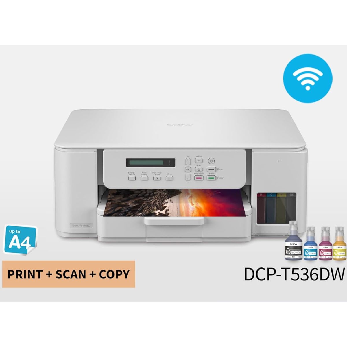Brother Wireless All In One Ink Tank Printer, Automatic Duplex Print, Wireless & Mobile Print, Compact Design, White - DCP-T536DW