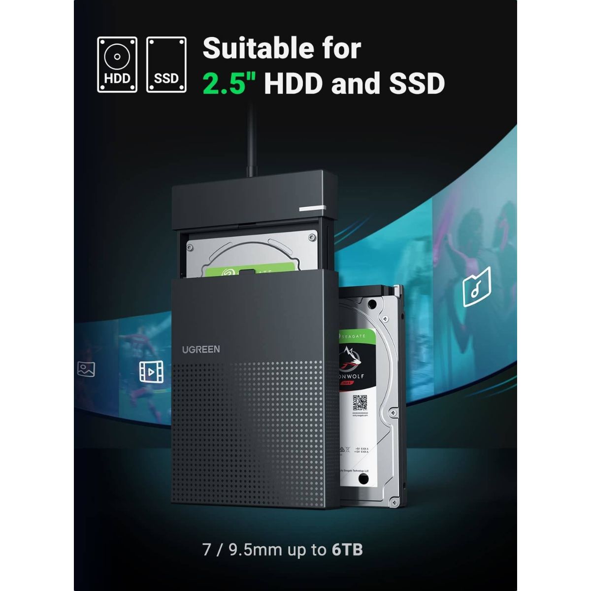 UGREEN USB 3.0 to SATA Hard Drive Enclosure | 2.5-inch HDD/SSD | 5Gbps | 7mm/9.5mm Support | Black | 30719