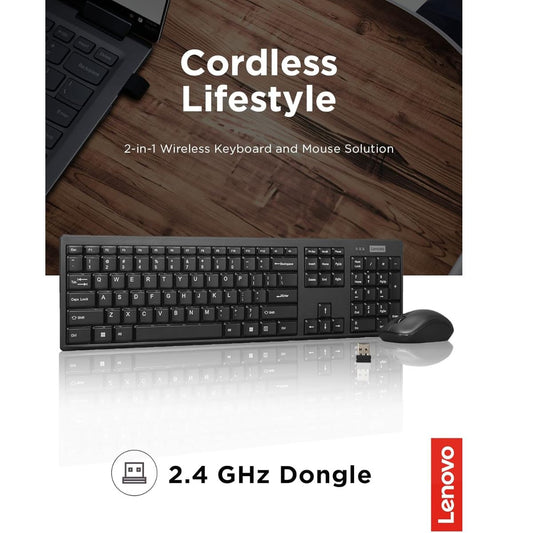 Lenovo 100 Wireless Keyboard & Mouse Combo | 2.4GHz Wireless Connectivity | English & Arabic Keyboard | 1000 DPI Optical Mouse | Black | GX30S99500