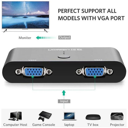 UGREEN VGA 2-in-1-Out Switch 2-Port Audio Video Switcher | 1920×1080 @ 60Hz | Manual Switch Button | Black | 30711