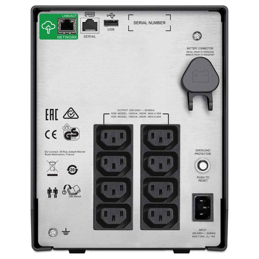 APC Smart-UPS SMC1000IC Tower UPS | 1000VA / 600W | LCD Display | SmartConnect Remote Monitoring | 230V Input/Output | 8× IEC C13 Outlets | Black