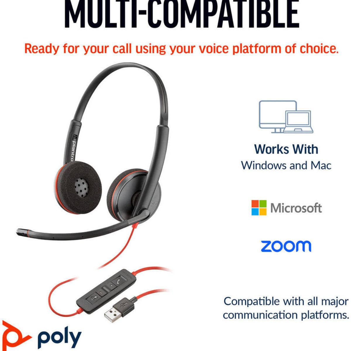 HP Poly Blackwire 3220 USB-C Headset with USB-C to USB-A Adapter, Noise-Canceling Microphone, Inline Call Controls, Hearing Protection, USB-C Connectivity, Black