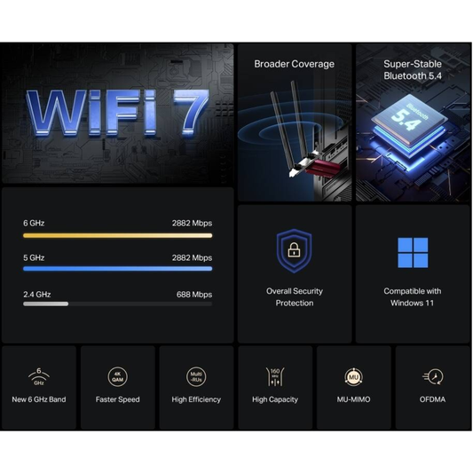 MERCUSYS MA37BE BE6500 Wi-Fi 7 PCIe Adapter | Tri-Band 6.5 Gbps | Bluetooth 5.4 | 2 Antennas | WPA3 | Windows 11