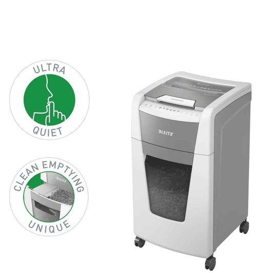 Leitz IQ Autofeed Office Particle Cut Shredder P4, 300 Sheets, 60L Waste Bin, White, 80150000