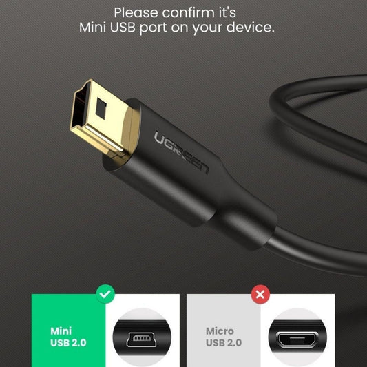 UGREEN 30472 USB 2.0 Type-A Male to Mini 5-Pin Male Cable | 2m | Gold-Plated Connectors | Black