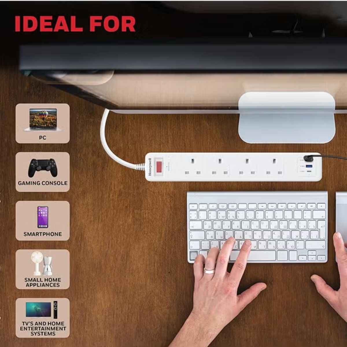 Honeywell Surge Protector - 4 Universal Sockets, 1xPD 20W & 2xUSB, 1.8 Meter Cord, White