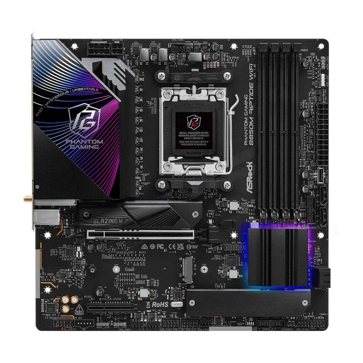 ASRock B850M Riptide WiFi AM5 ATX Motherboard, AMD B850 Chipset, 4x DDR5 DIMM Slots, 256GB Max Memory, 1x PCIe 5.0 x16 Slot, 3x M.2 Slots, Black | 90-MXBS30-A0UAYZ