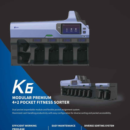 Kisan K6 Premium Modular 4+2 Pocket Fitness Sorter – 1500 Banknotes Hopper, 500 Banknotes Stacker, OCR Serial Number Reading, Up to 20 Currencies