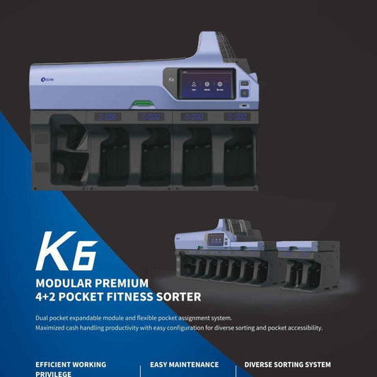 Kisan K6 Premium Modular 4+2 Pocket Fitness Sorter – 1500 Banknotes Hopper, 500 Banknotes Stacker, OCR Serial Number Reading, Up to 20 Currencies