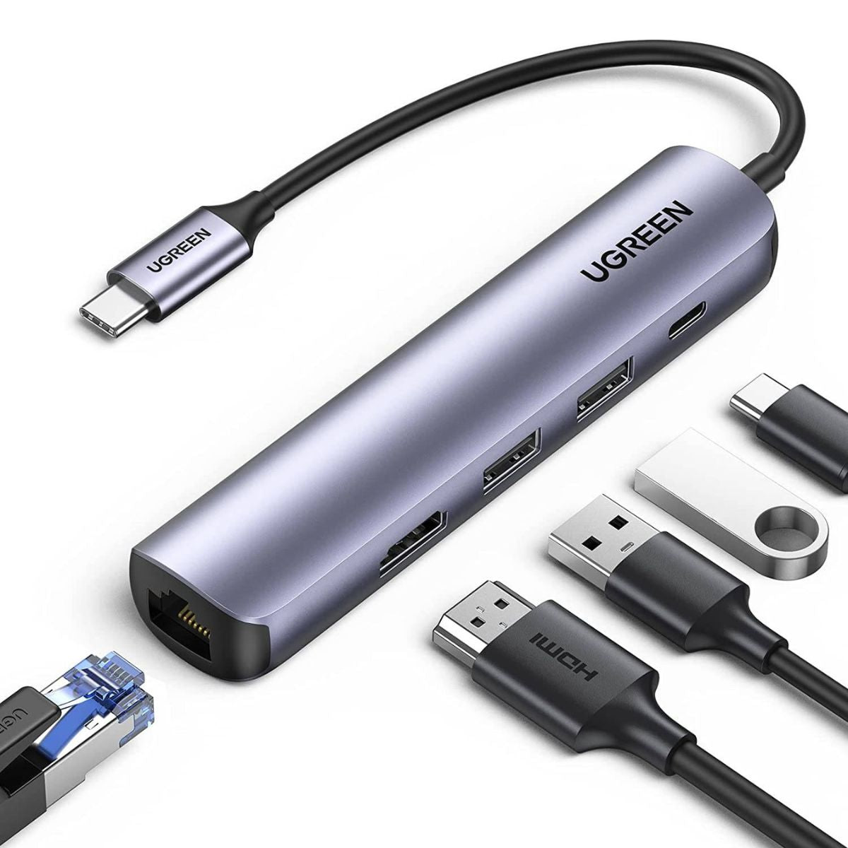 UGREEN Ultra Slim 5-in-1 USB-C Hub | 4K HDMI | Gigabit Ethernet | 100W Power Delivery | Aluminum Alloy | 10919