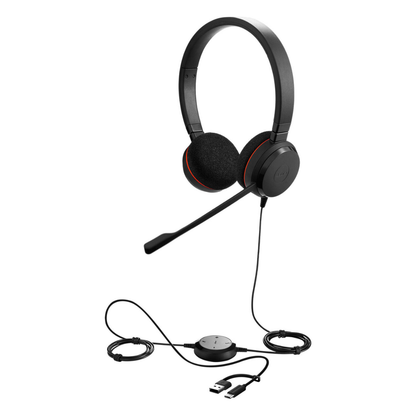 Jabra Evolve 20 MS Stereo Wired Headset, Passive Noise Cancellation, Foam Ear Cushions, In-Cord Volume Control, Adjustable Headband, USB-C / A Connectivity, Black | 4999-823-169