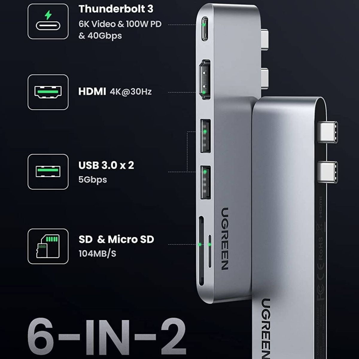 UGREEN 80856 6-in-2 USB-C Hub Adapter | 4K HDMI | 5Gbps | SD/TF Card Reader | 2×USB 3.0 | MacBook Pro &amp; Air | Silver