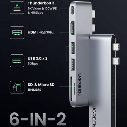 UGREEN 80856 6-in-2 USB-C Hub Adapter | 4K HDMI | 5Gbps | SD/TF Card Reader | 2×USB 3.0 | MacBook Pro &amp; Air | Silver