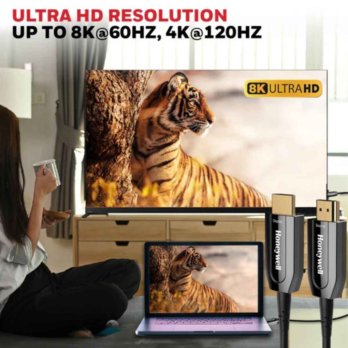 Honeywell HDMI AOC 2.1 Complaint 30M/50M, 48GBPS, Supports UHD Resolution of 8K@60Hz, Male-to-Male, High-Speed Fiber Optics Cable, Compatible with TV, Gaming Console, etc.