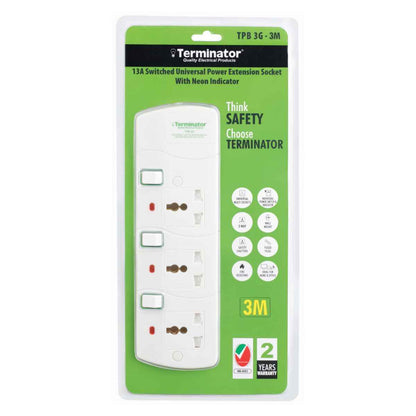 Terminator TPB 3G 3 Way Universal Power Extension Socket With 13A 3M & 5M Cable