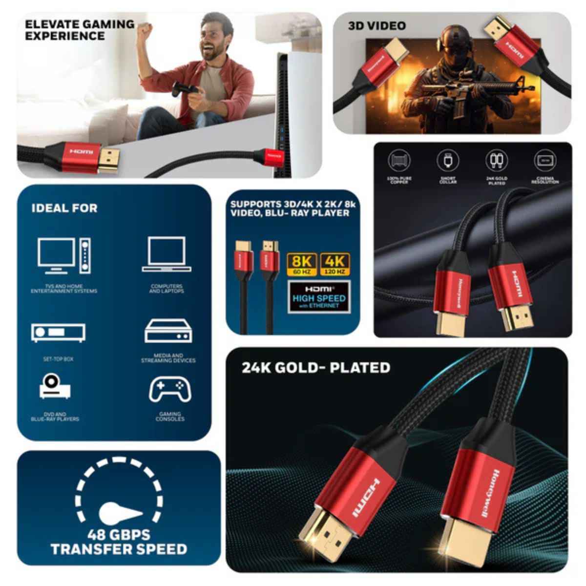 Honeywell High-Speed HDMI 2.1 Cable with Ethernet, 8k@60Hz, 4K@120Hz UHD Resolution, 1/2/3 Mtr(3.3ft), 48 GBPS High Speed, Compatible with All HDMI-Enabled Devices