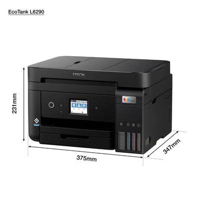 Epson EcoTank L6290 A4 Wi-Fi Duplex All-in-One Ink Jet Printer, 4800 x 1200 dpi Resolution, 15.5ipm Print Speed, 7500 Pages, LCD Screen, ADF Capability, Spill-free Ink Refilling, Black | L6290