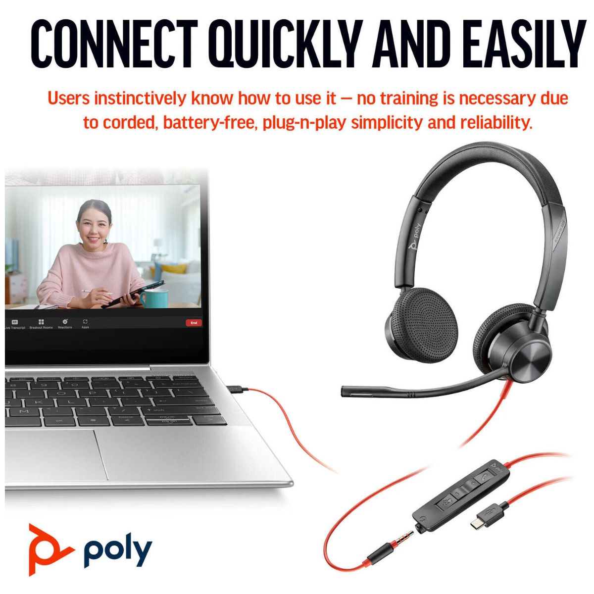 Poly Blackwire 3325 Stereo USB-C Headset, USB-C & 3.5mm Connectivity, USB-C to USB-A Adapter, Noise-Canceling Microphone, Stereo Audio, Black | 8X221AA