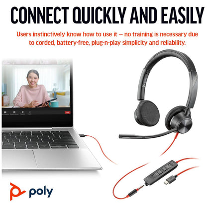 Poly Blackwire 3325 Stereo USB-C Headset, USB-C & 3.5mm Connectivity, USB-C to USB-A Adapter, Noise-Canceling Microphone, Stereo Audio, Black | 8X221AA