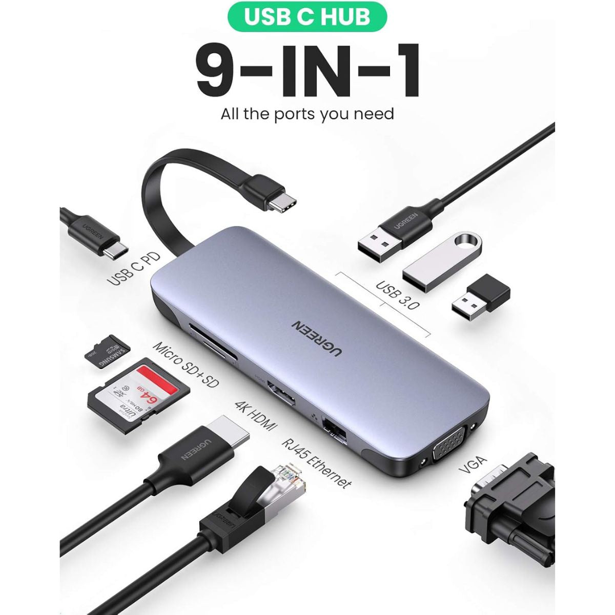 UGREEN USB-C Multiport Converter | 3 x USB 3.0 | HDMI | VGA | RJ45 Gigabit Ethernet | SD/TF Card Reader | USB-C PD Charging Hub