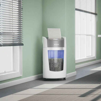 Leitz IQ OptiMax Office Micro Cut Paper Shredder P5 – 10 Sheets, 35L Bin, Continuous Run | White
