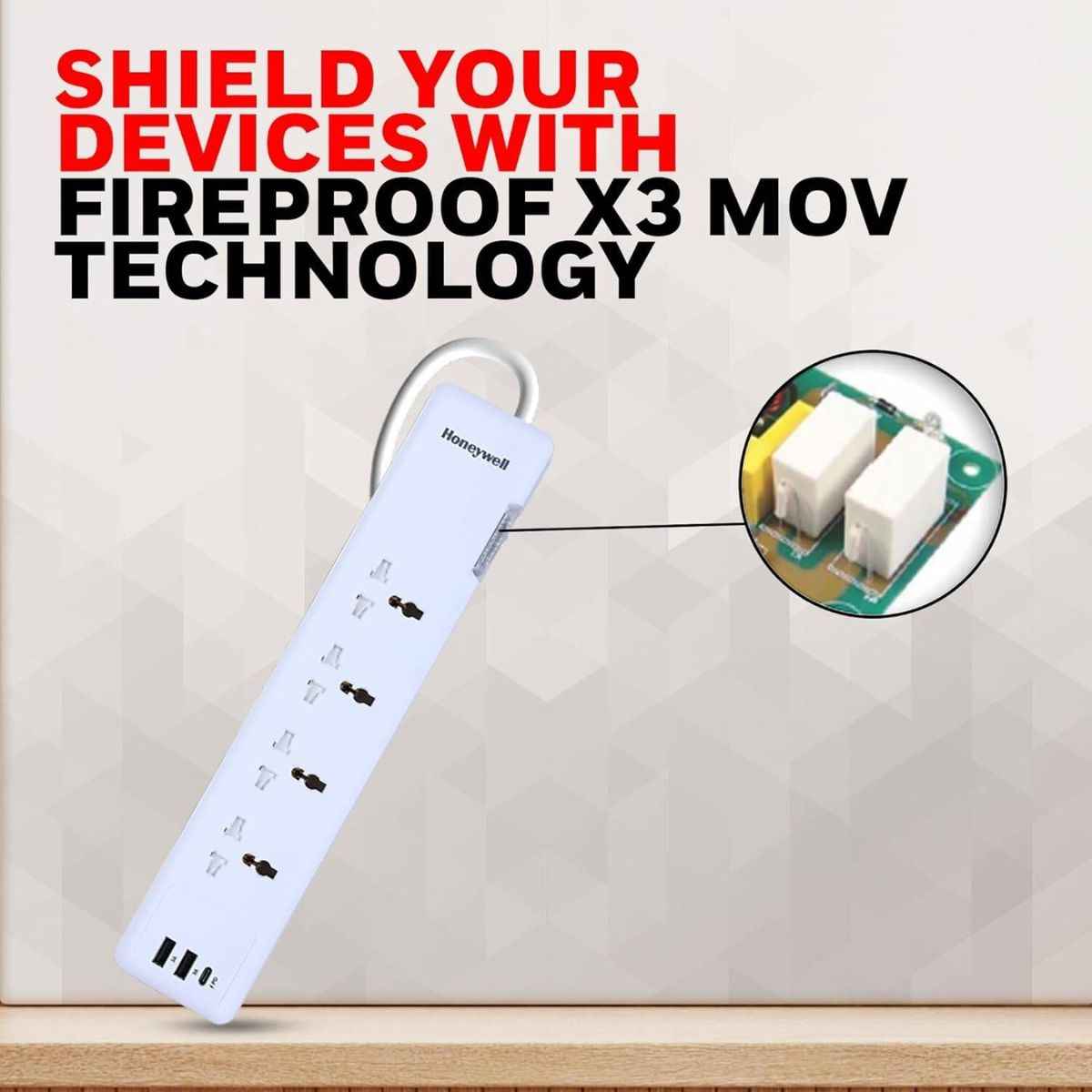 Honeywell Surge Protector - 4 Universal Sockets, 1xPD 20W & 2xUSB, 1.5 Meter Cord, White