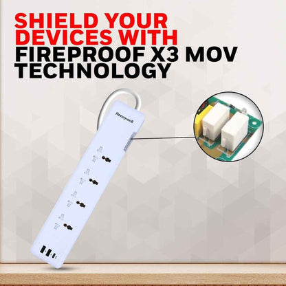 Honeywell Surge Protector - 4 Universal Sockets, 1xPD 20W & 2xUSB, 1.5 Meter Cord, White