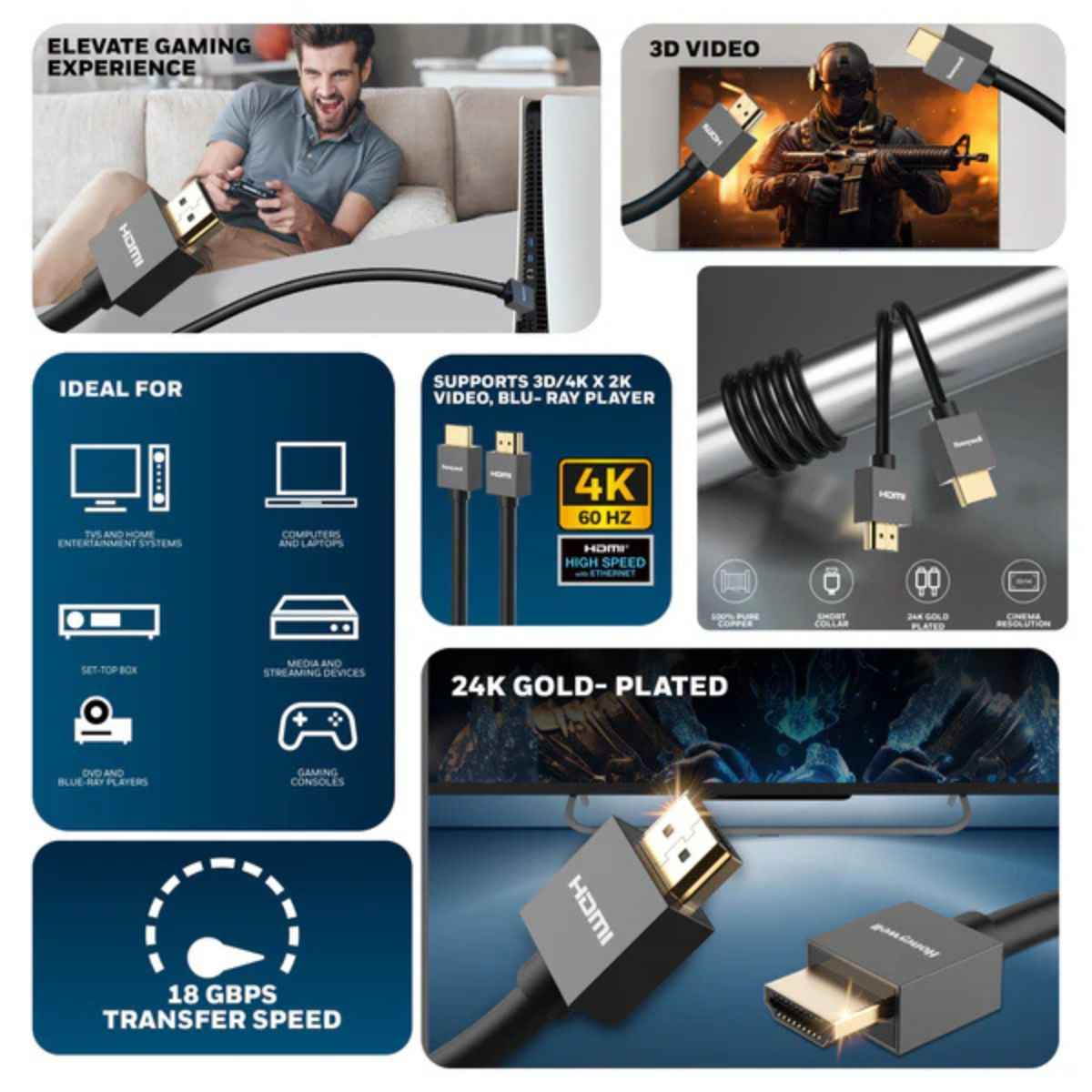 Honeywell High-Speed HDMI v2.0 Cable with Ethernet, 3D/4K@60Hz UHD Resolution, 1/2/3/5/10 Mtr (3.3 ft), 18GBPS,High Speed, Compatible with All HDMI - Enabled Devices