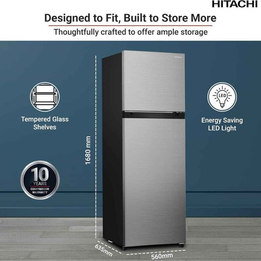 HITACHI 380L Gross Top Mount Refrigerator | Inverter Compressor | No Frost Technology | Triple Power Filter | Door Alarm | LED Lighting | Twist Ice Tray | Inox Finish | HRTN5275MFXAE